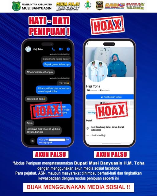 WASPADA PENIPUAN! Akun Facebook An  “Haji Toha” Gunakan Foto Bupati Muba, Dipastikan Palsu Alias